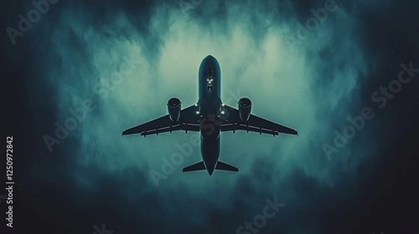 Fototapeta Airplane flying through dark stormy clouds.
