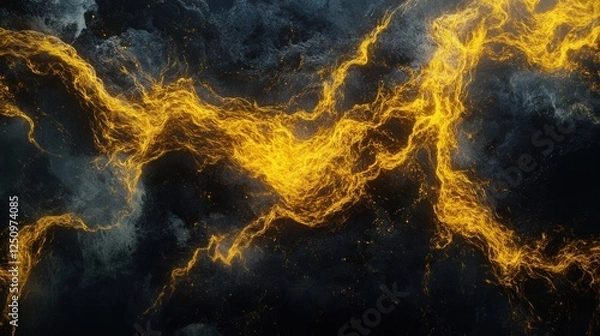 Fototapeta Conceptual art of a glowing neural network representing human brain activity, golden yellow and deep black for intensity