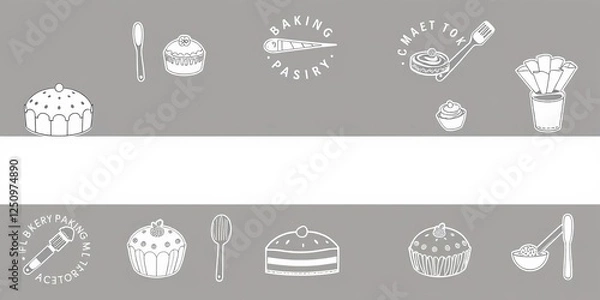 Obraz A collection of doodle-style line art illustrations featuring various bakery and pastry elements, perfect for creating banners, logos, and clip art sets, baking, vector, logos