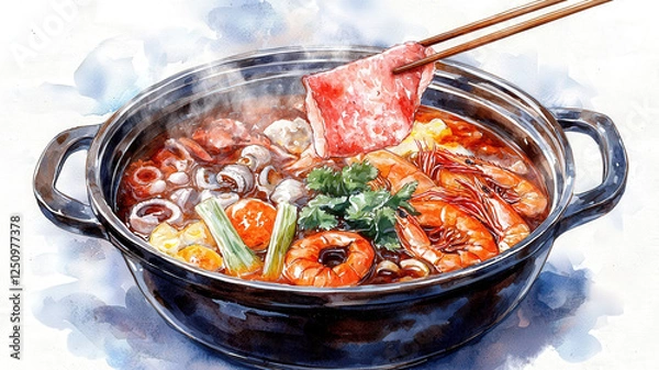 Fototapeta Steaming_hot_pot_illustration:_meat,_seafood_and_vegetables_in_broth_with_chopsticks,_in_a_low_angle_view.