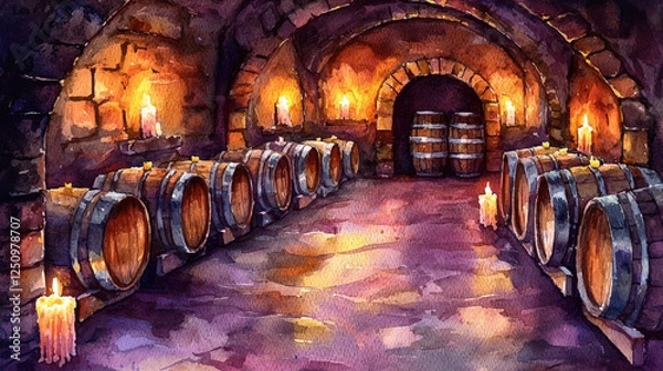 Fototapeta A_watercolor_painting_of_a_wine_cellar,_barrels_lining_stone_walls,_illuminated_by_candlelight,_casting_warm_light_on_the_damp_floor.