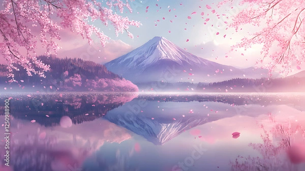 Obraz Serene Sakura Spring Mount Fuji Reflection in a Tranquil Lake