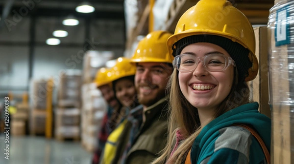 Fototapeta Energetic group of construction workers in hard hats, smiling and showcasing teamwork in a warehouse setting.