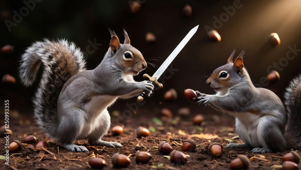 Obraz Squirrels with Sword and Nut, Fantasy Scene