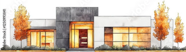 Fototapeta Watercolor_illustration_of_modern_building_facade,_featuring_contrasting_gray_and_white_blocks,_with_warm_light_glowing_from_interior_windows_and_autumnal_trees_flanking.