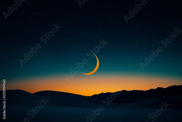 Fototapeta Zauberhafte Mondsichel über sanften Dünen und Farbenspiel am Himmel

