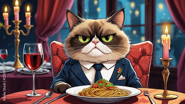 Obraz Grumpy Cat at Dinner Table, Formal Setting