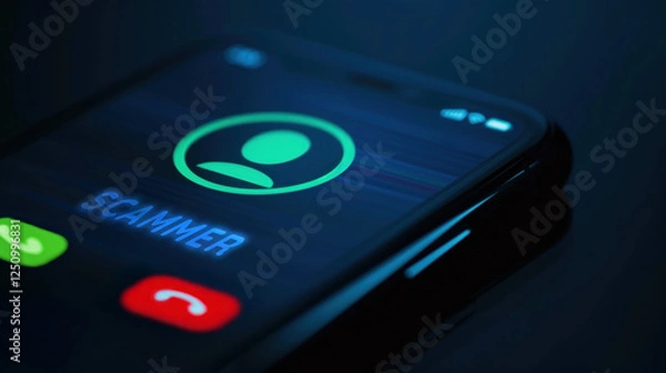 Obraz Mobile phone displaying a call from a scammer in dark lighting.