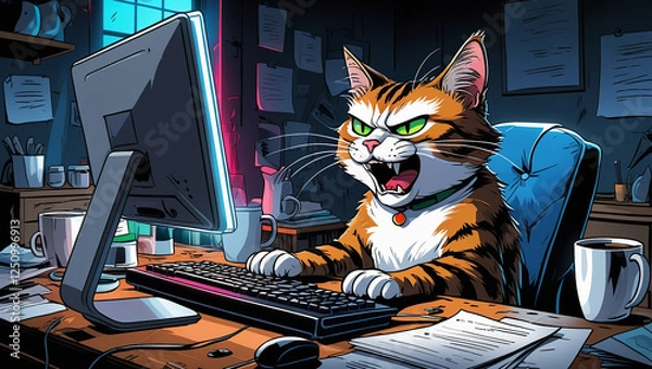 Obraz Angry Cat at Computer, Working Late