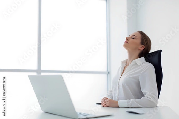 Fototapeta Modern simplicity, simple office scene, businesswoman take a break and deep breath in front of laptop, minimalist, 300dpi, 3d, empty copy space