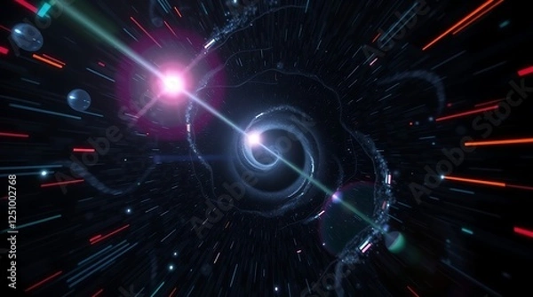 Obraz A digital vortex with swirling patterns, glitch effects, and a mesmerizing spiral shape.  Ethereal, spiritual vibe, bright lens flare, intense jet black, deep shadows, Created using Generative Ai