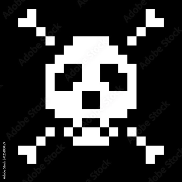 Fototapeta pixel art skull and crossbones on black background