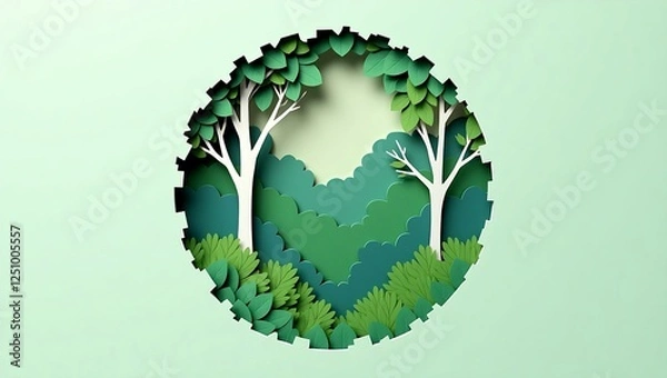 Fototapeta Layered paper-cut forest illustration with deep green foliage, tree silhouettes, and a torn circular frame. Minimalist, modern, and symmetrical nature-inspired artwork.