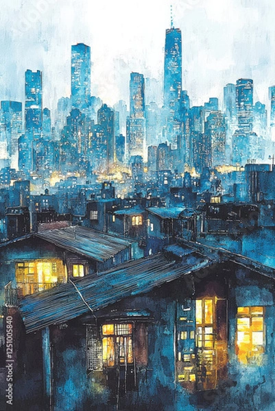 Fototapeta Cityscape_rendered_with_watercolor_effect,_featuring_reflections_on_a_wet_surface_after_rain.