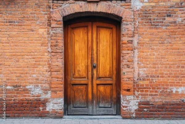 Fototapeta Rustic wooden door set in brick wall architecture