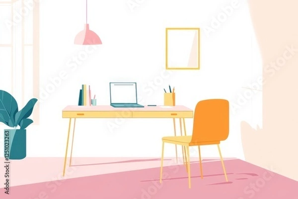 Fototapeta Modern Workspace with Minimalist Desk, Chair, Laptop, and Decorative Plant Accent
