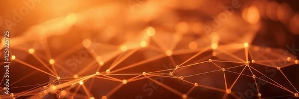 Fototapeta Abstract network, futuristic digital connections with glowing nodes and lines in orange technology background..