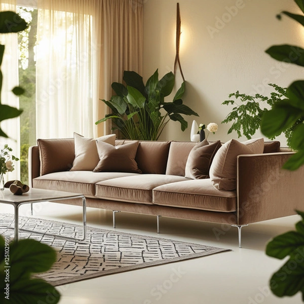 Obraz A couch is a soft, upholstered piece of furniture designed for sitting or lounging. It features cushions and armrests, often found in living rooms, providing comfort and relaxation for multiple people
