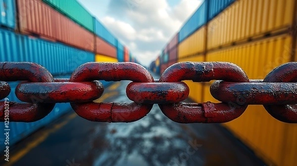 Obraz Supply chain disruption represented by locked barrier chain across freight storage area