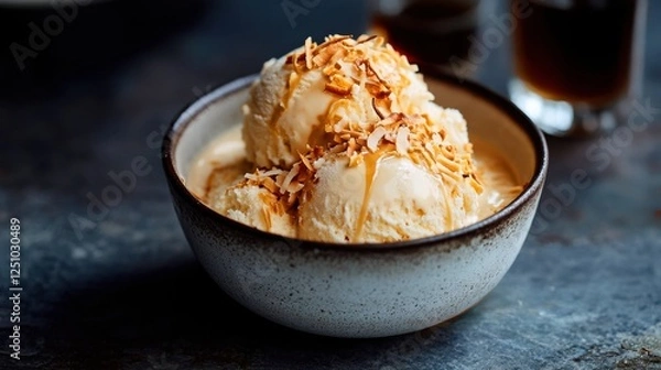 Fototapeta A rich and creamy Vietnamese coconut coffee ice cream topped with toasted coconut flakes, served with a bold iced coffee for a perfect fusion dessert