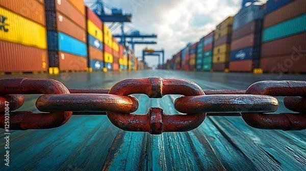 Obraz Economic restriction symbolized by heavy duty chain blocking trade shipment containers