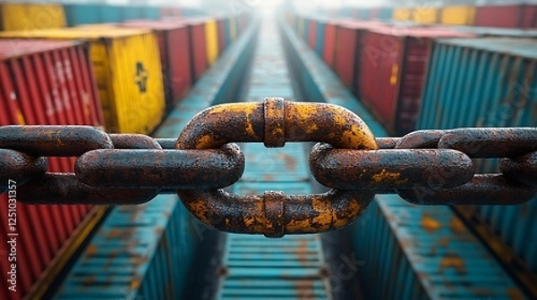 Obraz Economic crisis metaphor with thick chain preventing access to industrial cargo containers