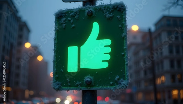 Fototapeta Green thumbs-up traffic signal in urban evening setting