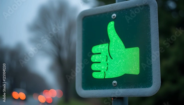 Obraz Green thumbs up pedestrian signal against blurred street background