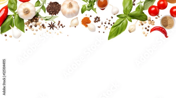 Fototapeta Culinary Herbs and Spices Border for Food Bloggers and Chefs Overhead View of Fresh Basil Garlic Peppercorns Chili Peppers and Tomatoes on Black Background