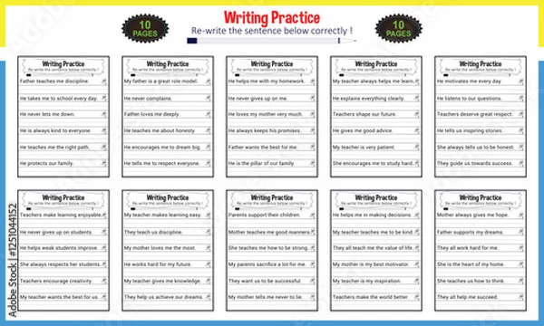 Fototapeta Learn making sentence for children worksheets bundle