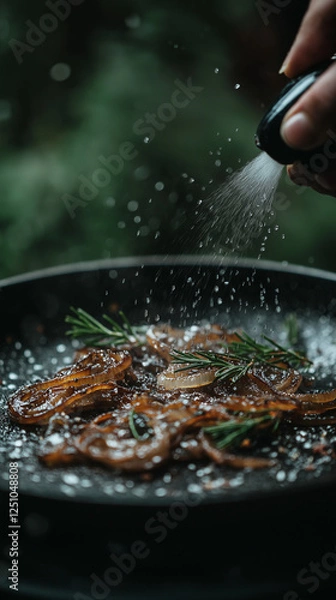 Obraz Sautéed Onions with Rosemary and Salt Being Sprinkled for Flavor in a Darkly Lit Kitchen Environment