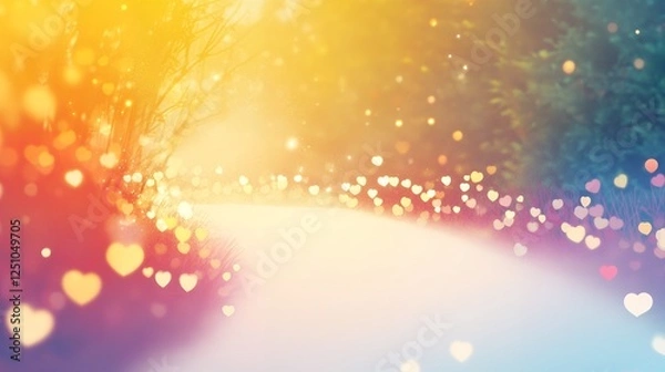Obraz Pathway through glowing bokeh hearts with vibrant gradient colors and blurred nature. Digital illustration with copy space for design and print. Valentine's Day and romance concept.