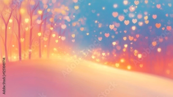 Obraz Abstract dreamy forest scene with glowing heart-shaped bokeh and gradient colors. Digital illustration with copy space for design and print. Valentine's Day and romance concept.