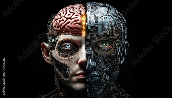 Fototapeta Split Photograph of Half Human Head and Brain with Light, Other Half Robot Face with Circuitry, AI Concept, High Resolution, Detailed, Sharp Focus, Dark Background, Digital Artist Style.