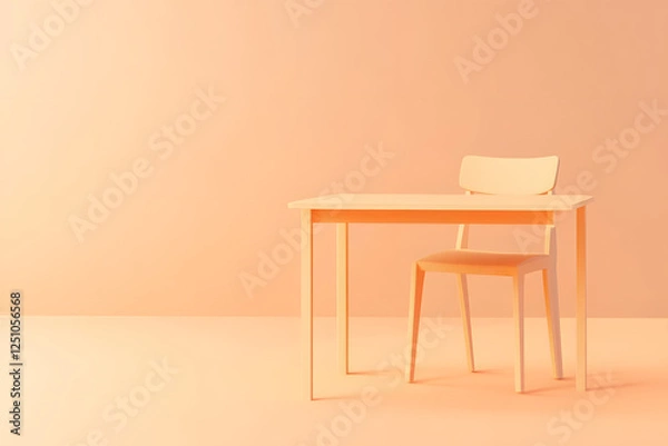 Fototapeta a simple desk with a chair in a minimalistic interior design, peach-colored background