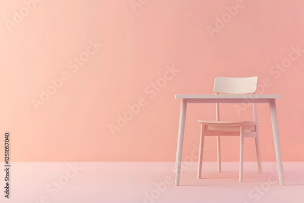Fototapeta a simple desk with a chair in a minimalistic interior design, peach-colored background