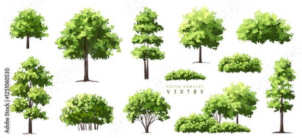 Fototapeta  Vector watercolor green  tree or forest side view isolated on white background for landscape and architecture drawing,elements for environment or and garden,Shrub for section