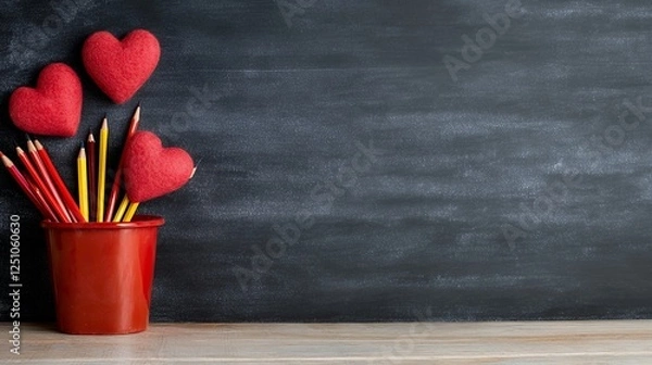 Fototapeta Red pencils and hearts in a red cup against a dark chalkboard background. Valentine's Day or teacher appreciation theme.