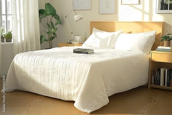 Obraz there is a bed with a white blanket and a book on it