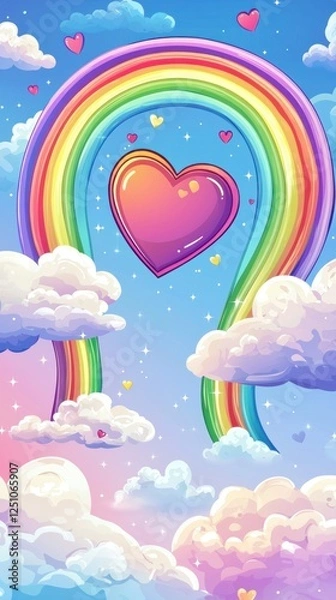 Fototapeta A vibrant Valentine's background with a heart-shaped rainbow, clouds, and a cheerful, colorful vibe.