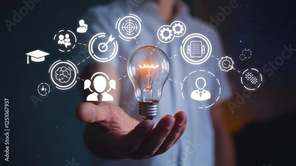 Fototapeta Illuminating Ideas: A Hand Holding a Glowing Light Bulb Symbolizing Innovation, Collaboration, and Strategic Thinking in Business and Education
