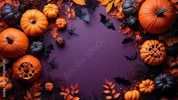 Fototapeta This creative Halloween background features pumpkins, bats, spiders, and other spooky decorations on an orange and purple surface.