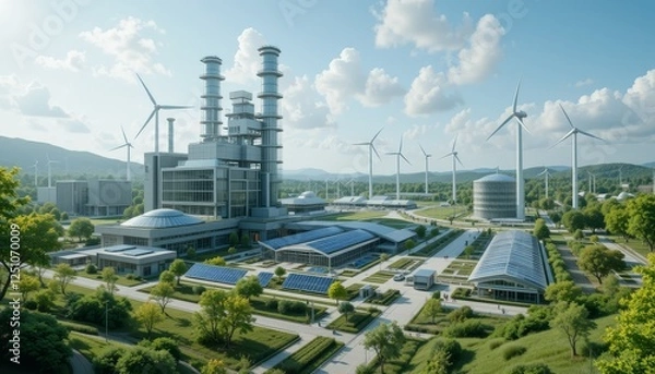 Fototapeta Sustainable Energy Complex Wind Turbines Solar Panels and Modern Green Power Plant