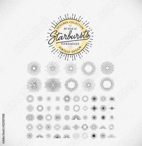 Fototapeta Collection of trendy hand drawn retro sunburst/bursting rays design elements