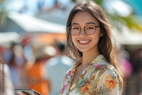 Obraz A woman wearing glasses and a floral shirt is smiling and holding a tablet. Generative AI