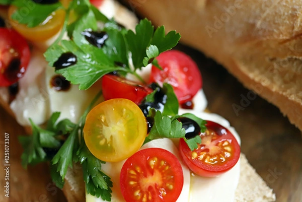 Fototapeta Open sandwich with mozzarella on italian bread