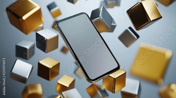 Fototapeta Smartphone with a blank screen flying through the air. the phone is black and appears to be in mid-air, with the screen facing towards the right side of the image.