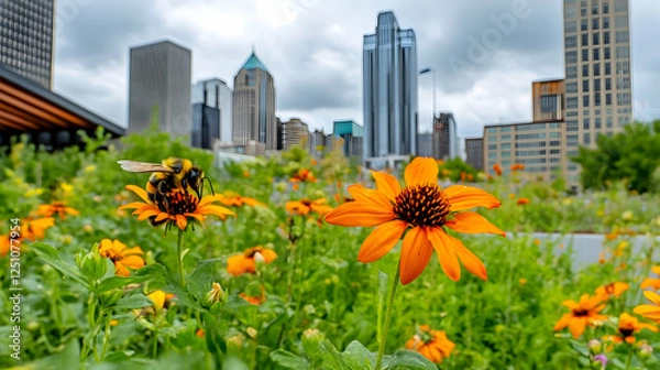 Fototapeta Bee pollinates orange flowers in a city rooftop garden offering nature's haven, amid urban buildings and cloudy sky. Use for ecology content