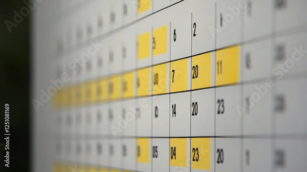 Fototapeta Detailed calendar close-up displaying scheduled dates and events with vibrant colors, emphasizing important days and organized planning for effective time management