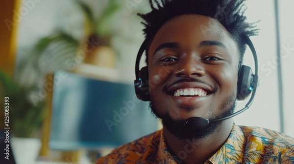 Fototapeta Cheerful young professional with headset in vibrant shirt, engaging in remote communication, showcasing modern workspace and positive work atmosphere